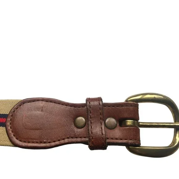 VINTAGE Preppy Belt Web Stripes Brass Leather Beige Blue Red 33 34 35 inch Mediu - Picture 2 of 7